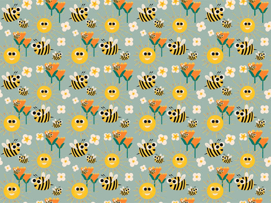 Happy Bees Sunshine Blue Cadet Wallpaper