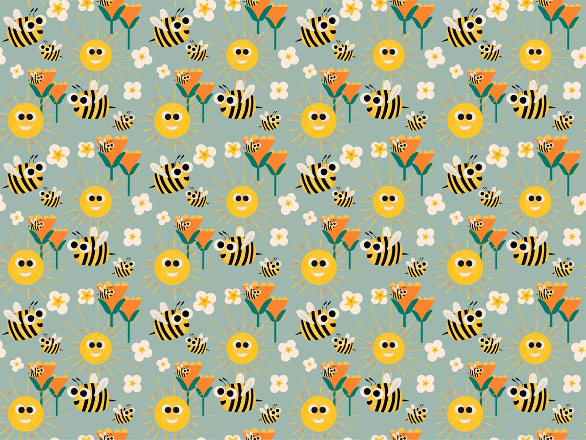Happy Bees Sunshine Blue Cadet Wallpaper