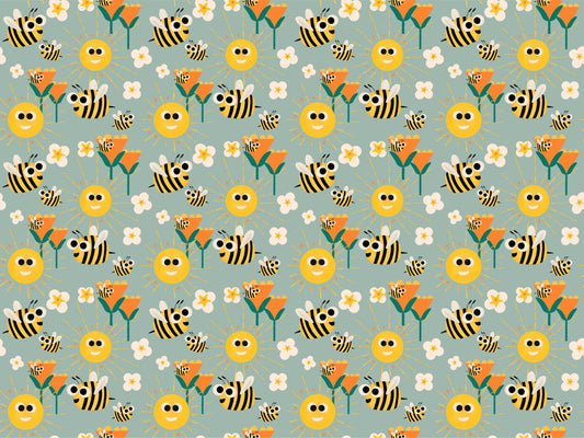 Happy Bees Sunshine Blue Cadet Wallpaper