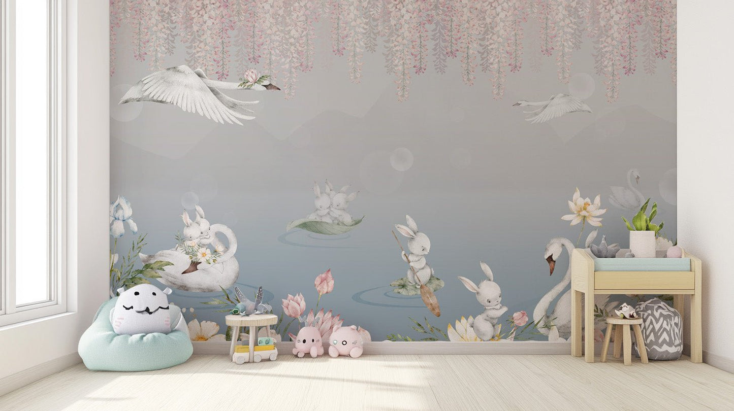 Whimsical swan and bunnies wallpaper
