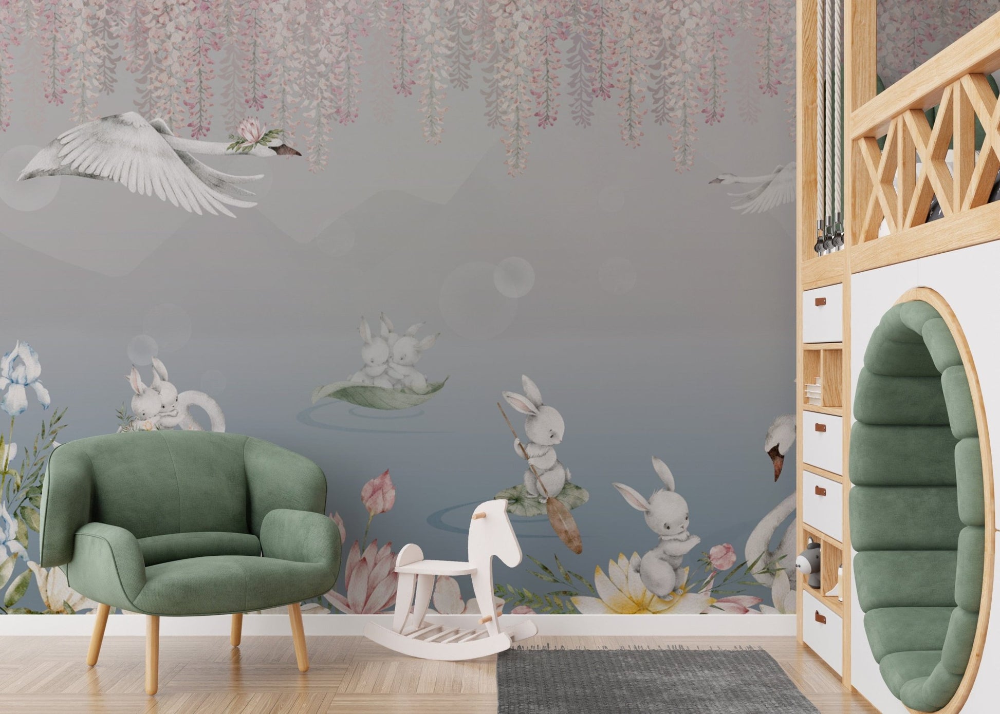 Floral swan lake bunny wallpaper
