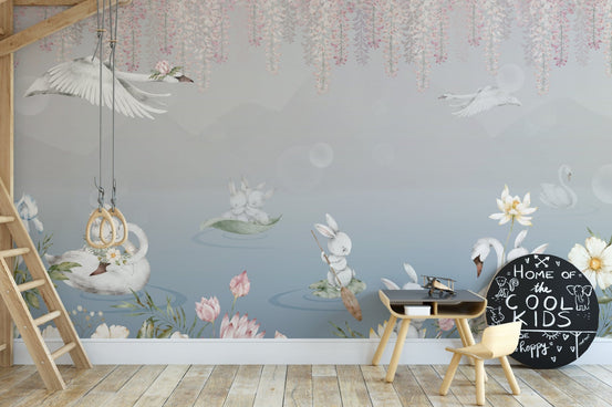 Swan lake adventure bunnies wallpaper D172
