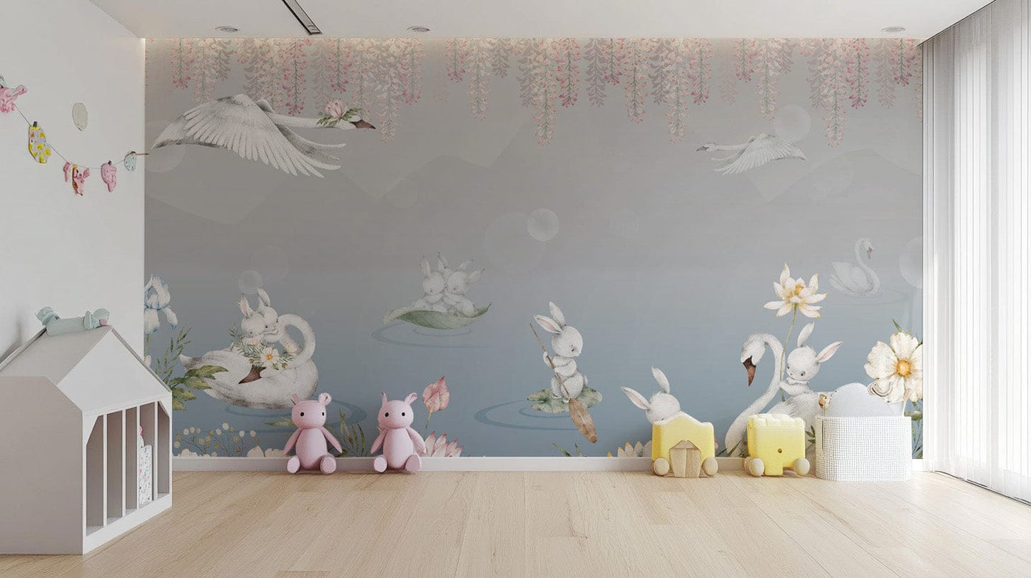 Cute bunnies on swan lake mural
