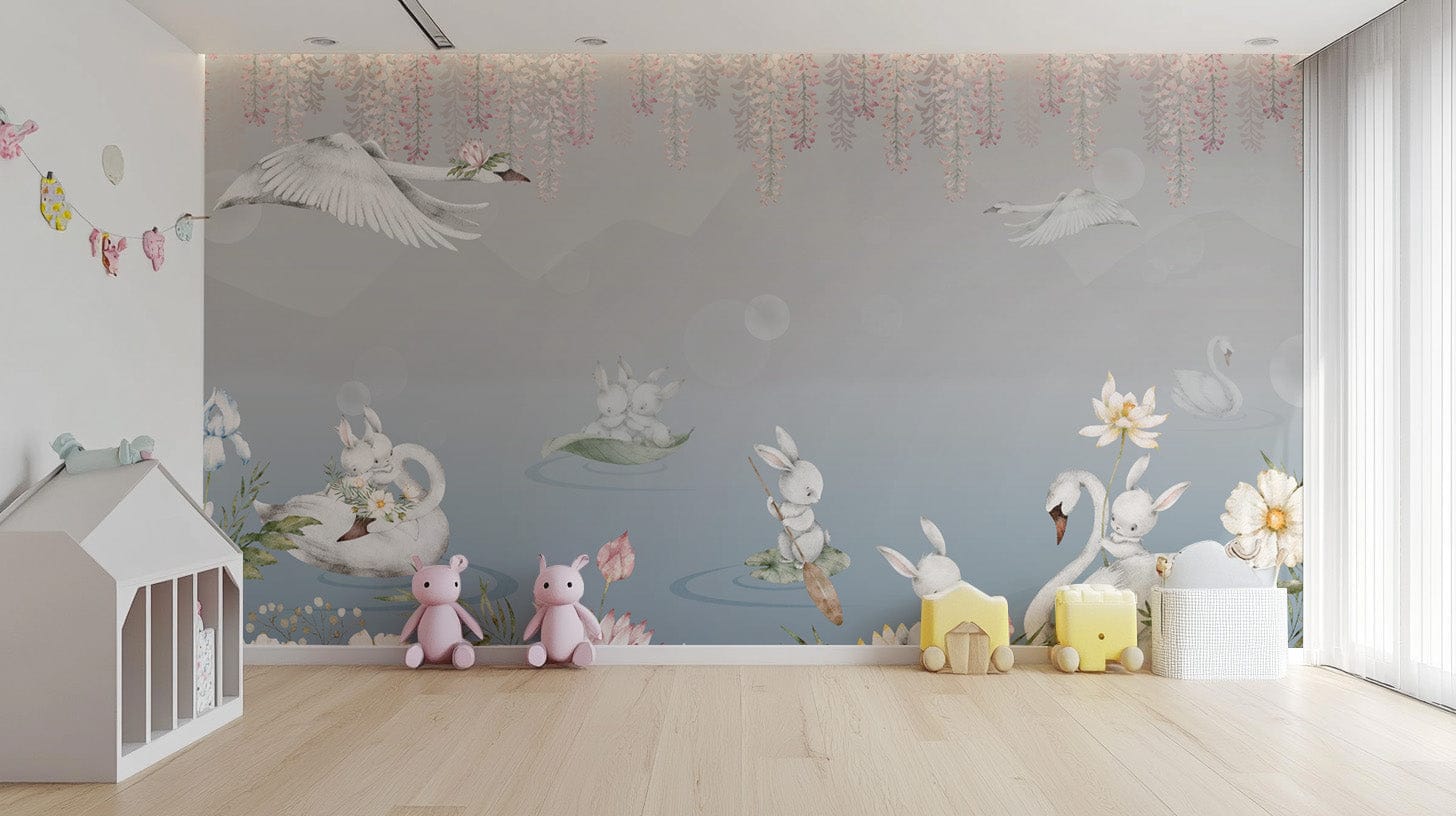 Cute bunnies on swan lake mural
