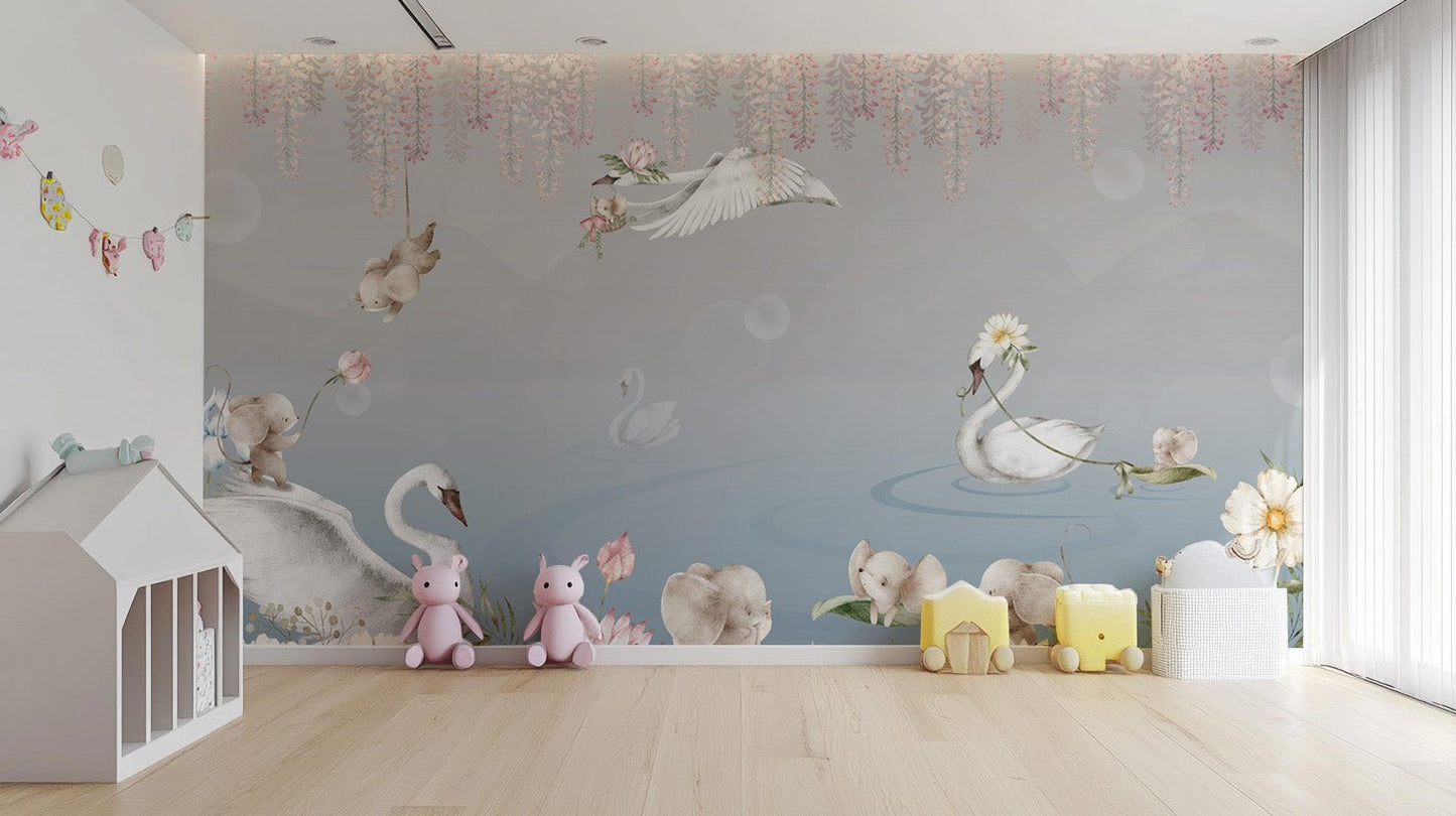 Soft pastel swans and elephants design
