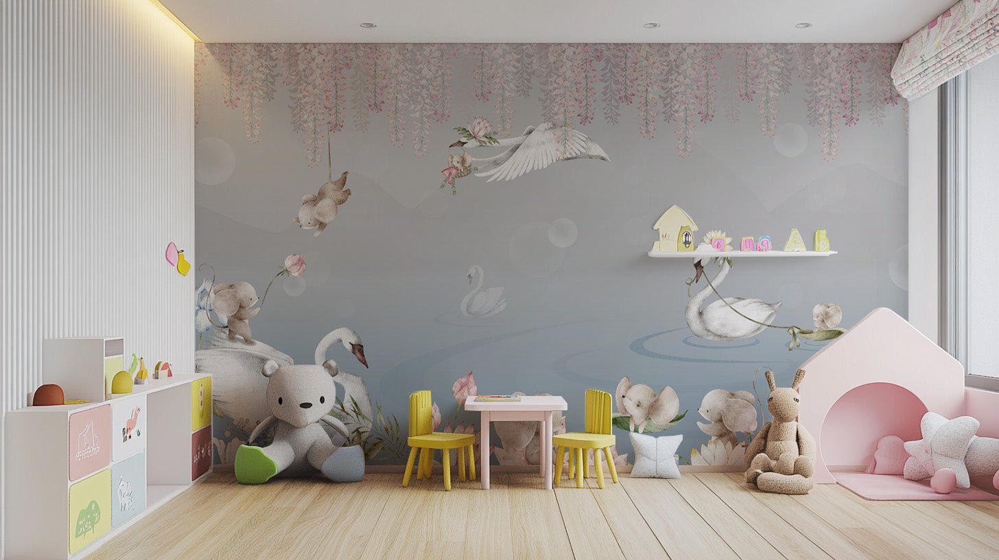 Swan lake and baby elephants wallpaper
