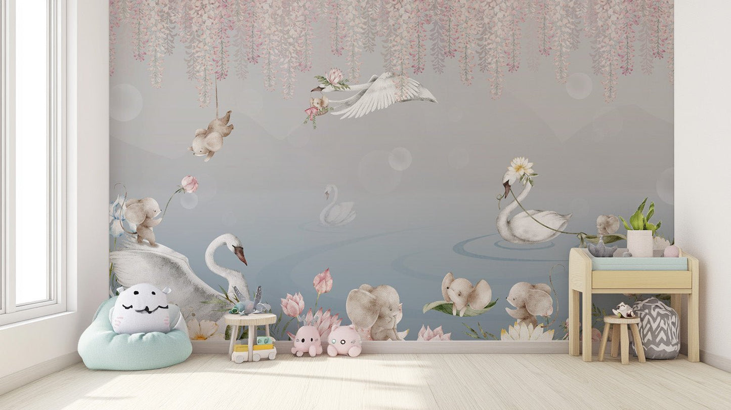 Playful baby elephants wall covering
