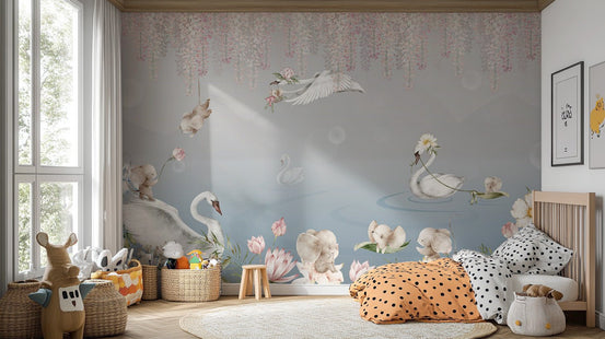 Swans and elephants nursery mural D171
