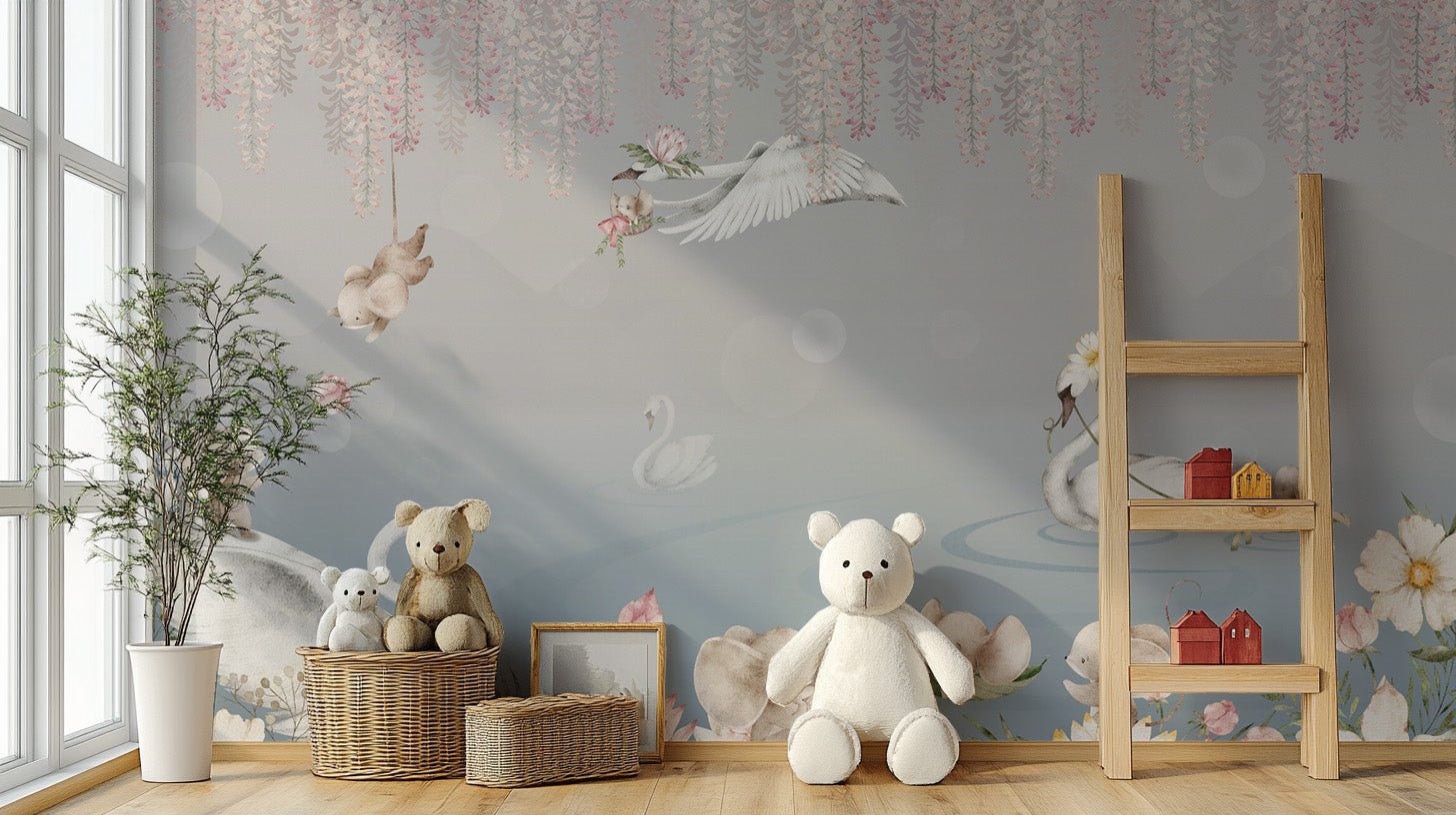 Whimsical swan and elephant wallpaper
