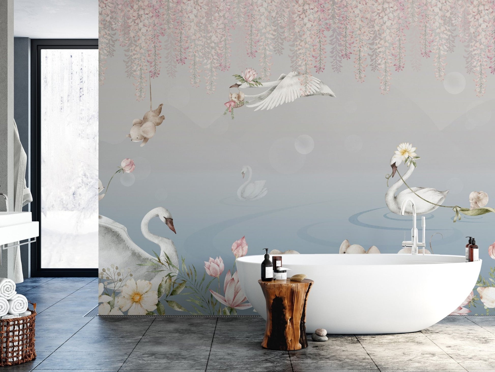 Graceful swans and elephants mural
