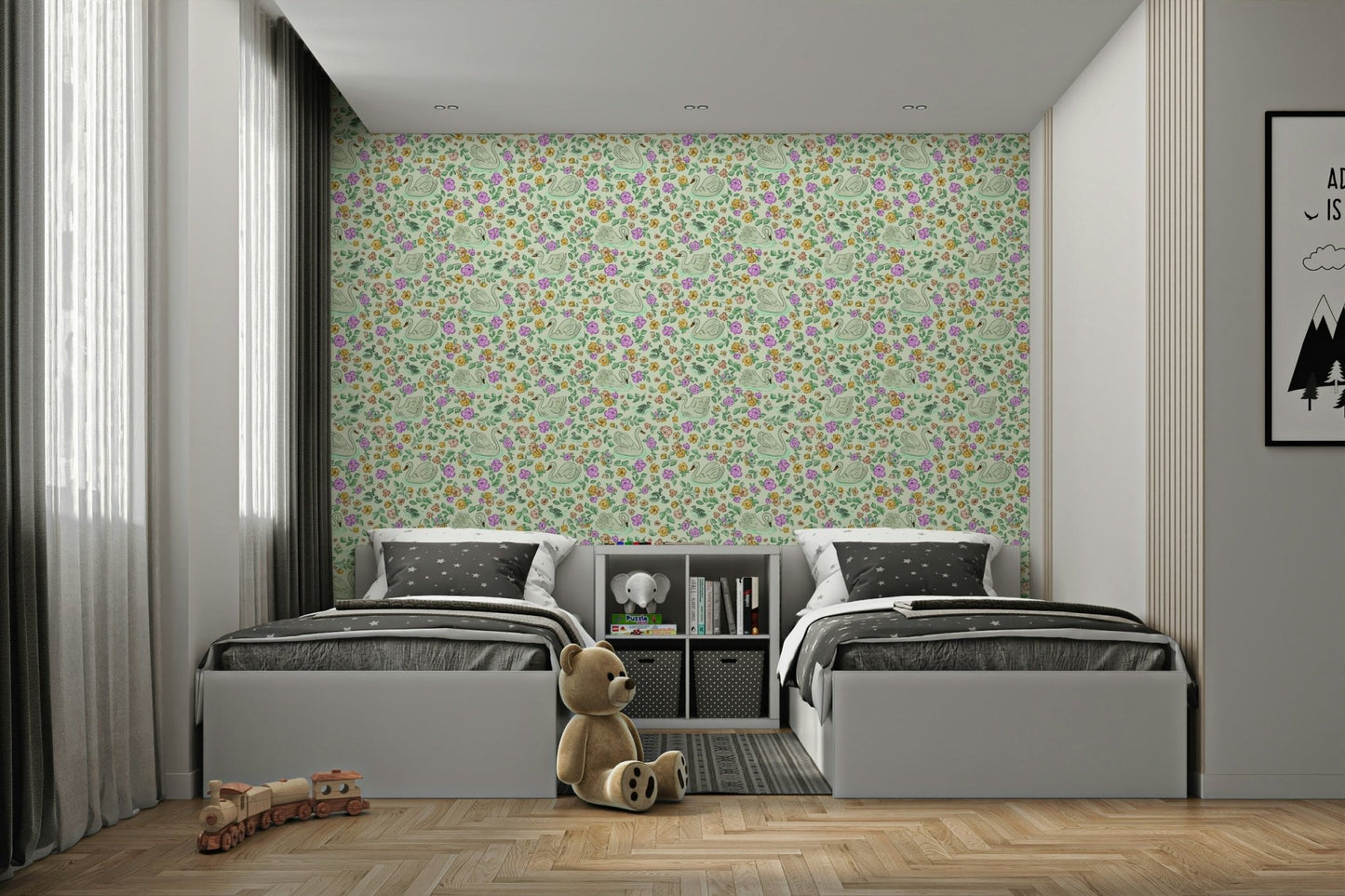 Swan Lake-inspired wallpaper with botanical accents, GD914