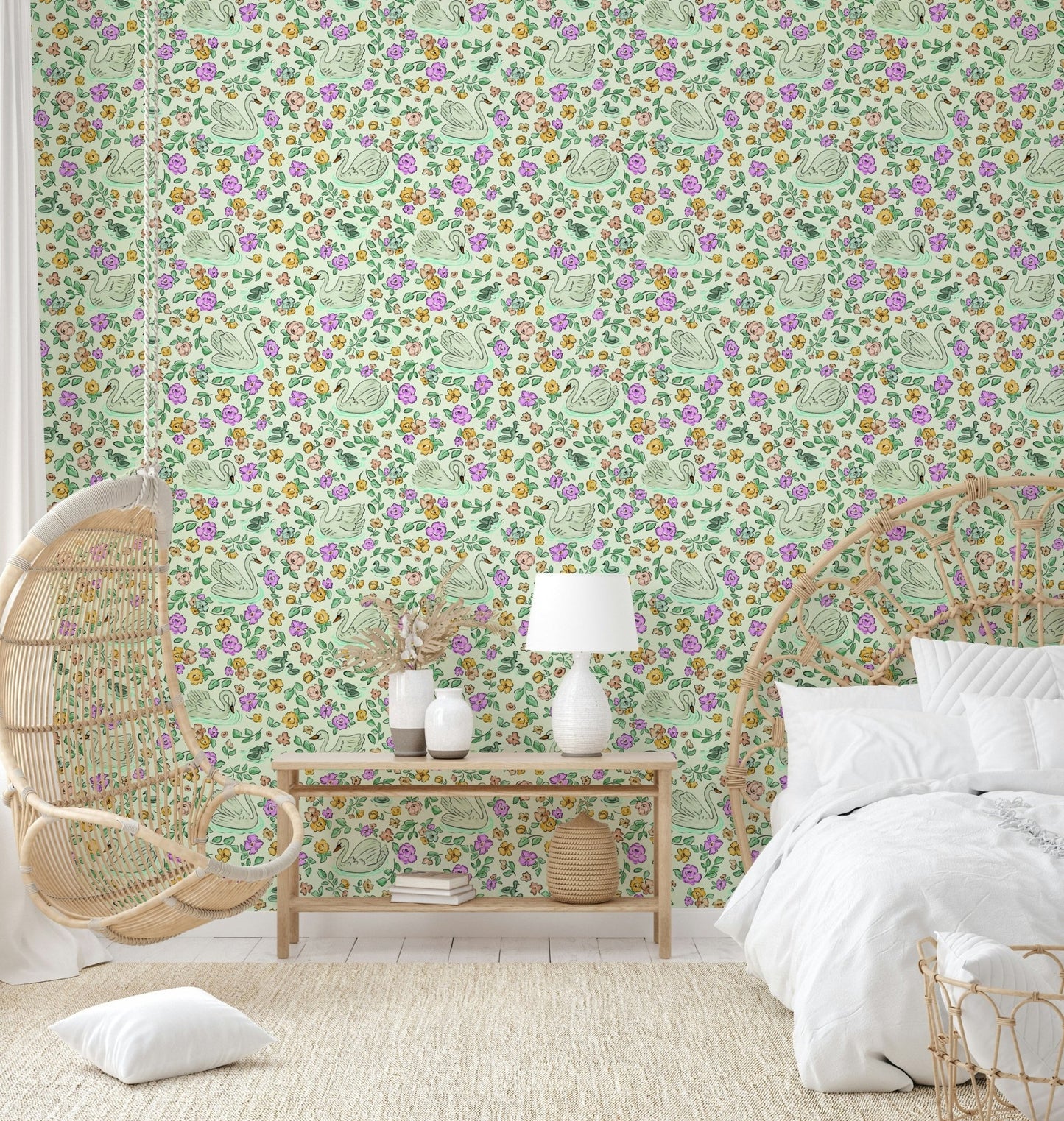 Serene wallpaper design featuring swans and flowers, GD914