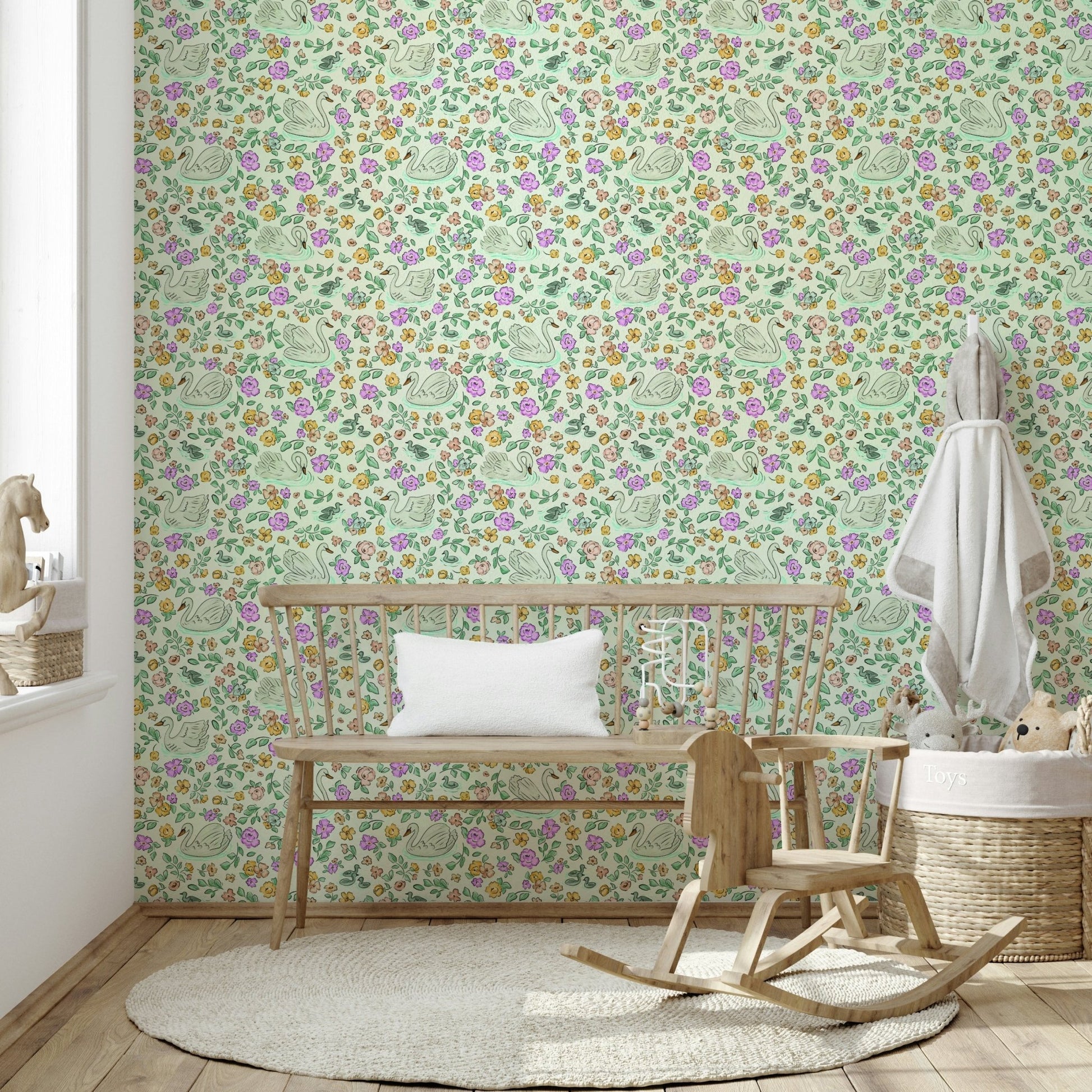 Delicate wallpaper design with swans in bloom, GD914