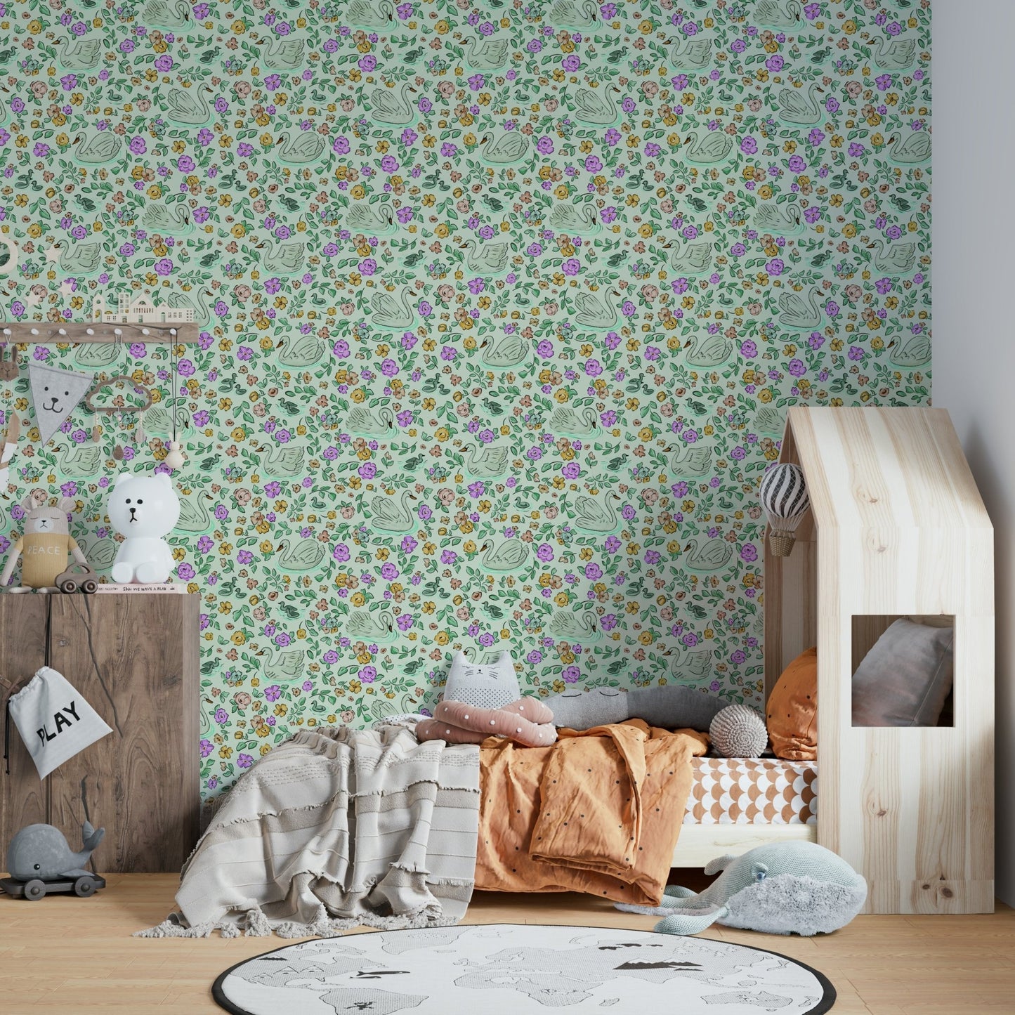 Elegant swan wallpaper with blooming florals, GD914