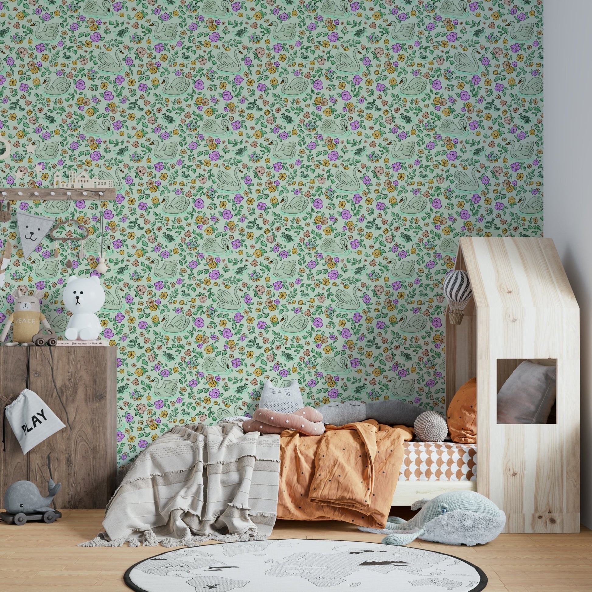 Elegant swan wallpaper with blooming florals, GD914