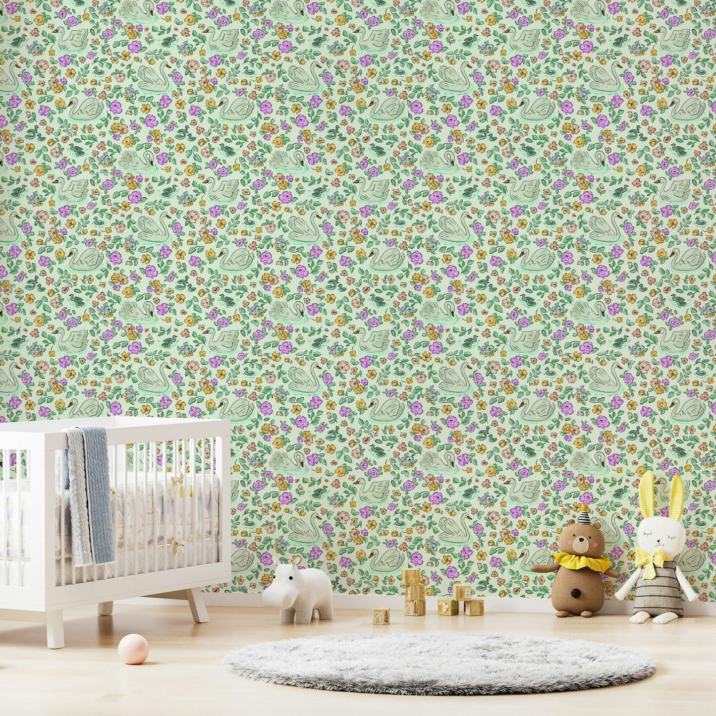 Blooming lake wallpaper with elegant swan motifs, GD914