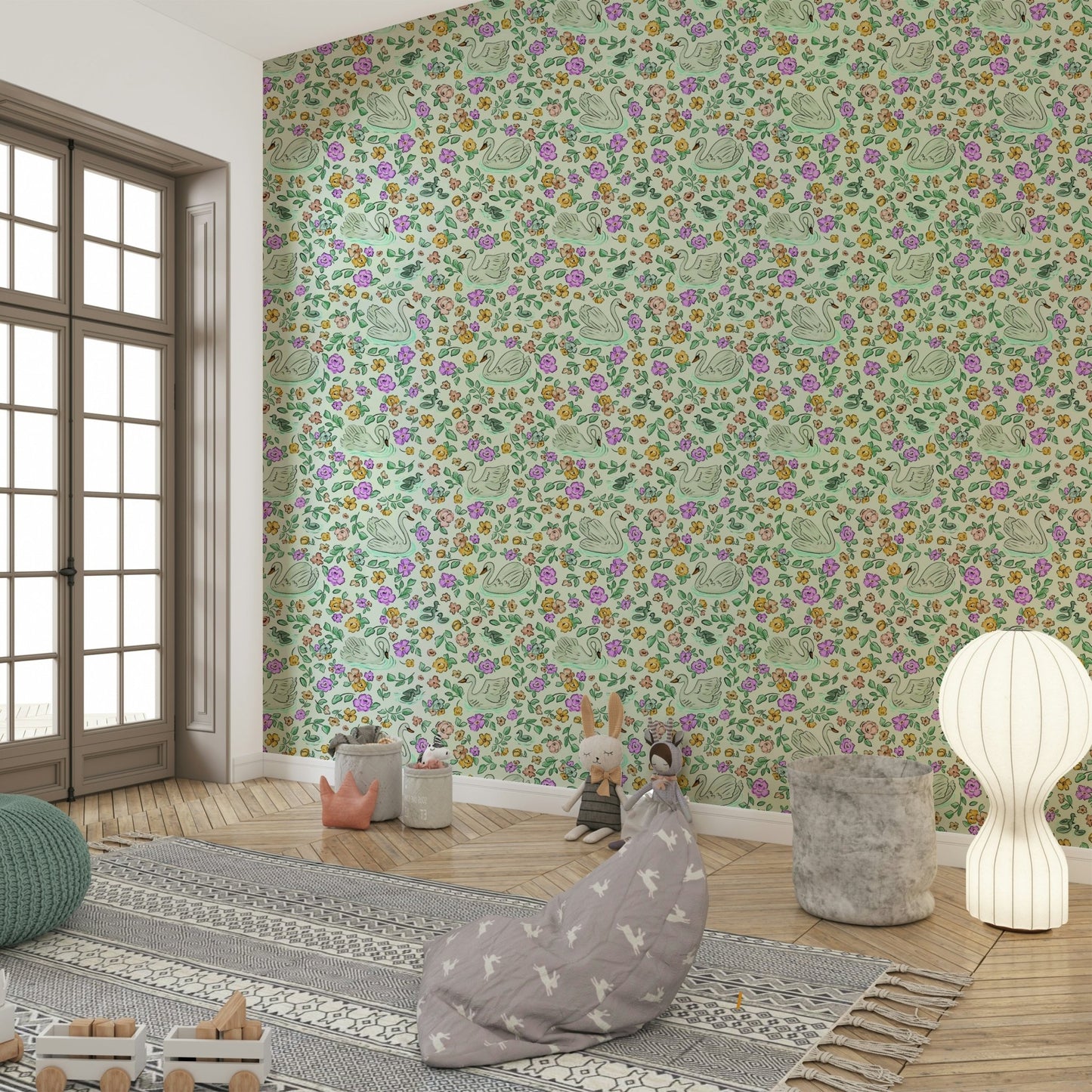 Sophisticated swan mural with soft color palette, GD914
