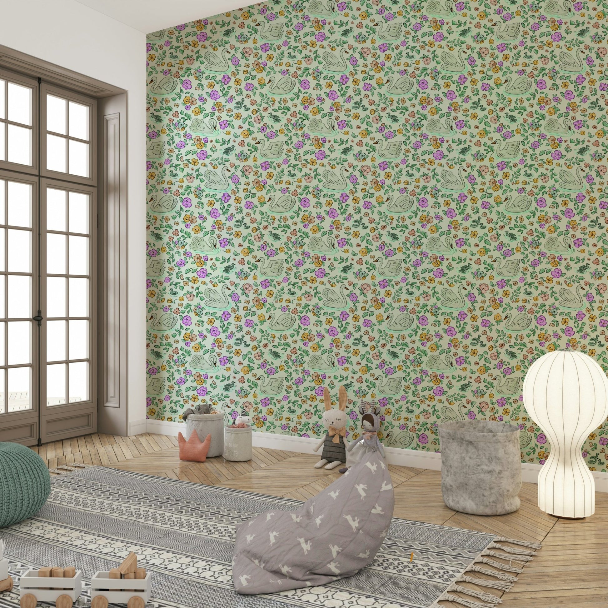 Sophisticated swan mural with soft color palette, GD914