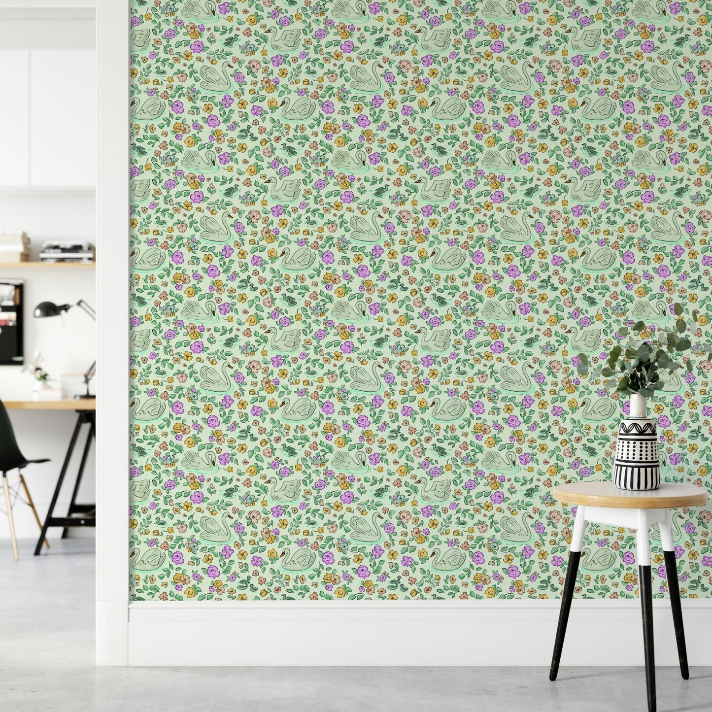 Romantic wallpaper with swans and water lilies, GD914