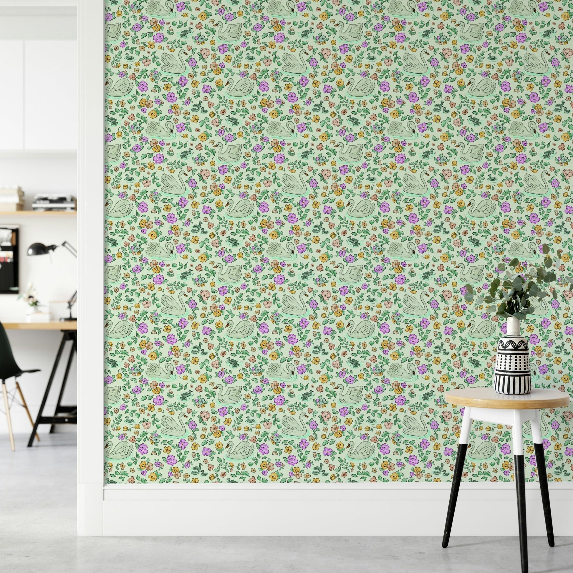 Romantic wallpaper with swans and water lilies, GD914