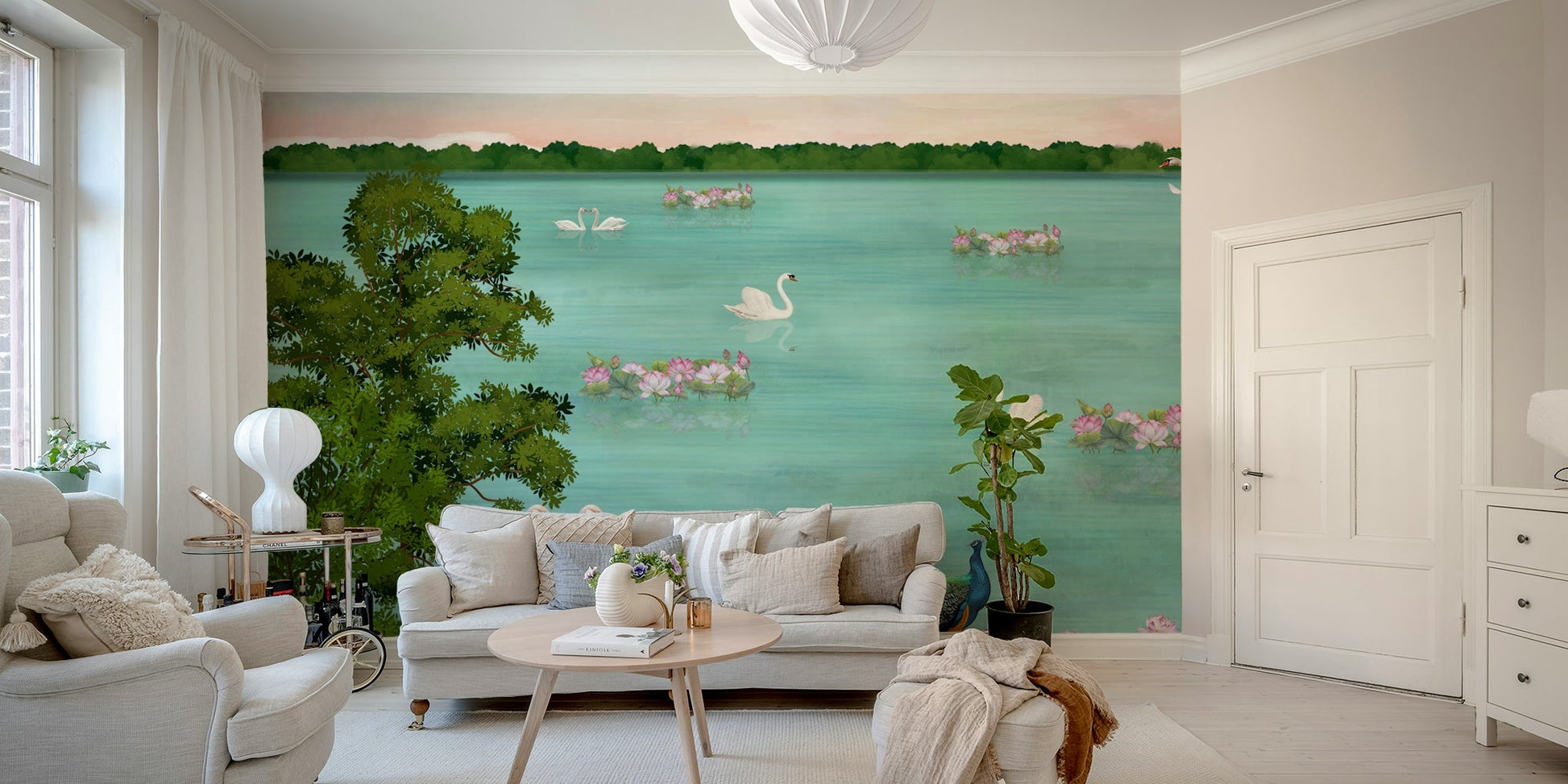 The colors are muted, with shades of white, gray, pale green, and soft blues.
