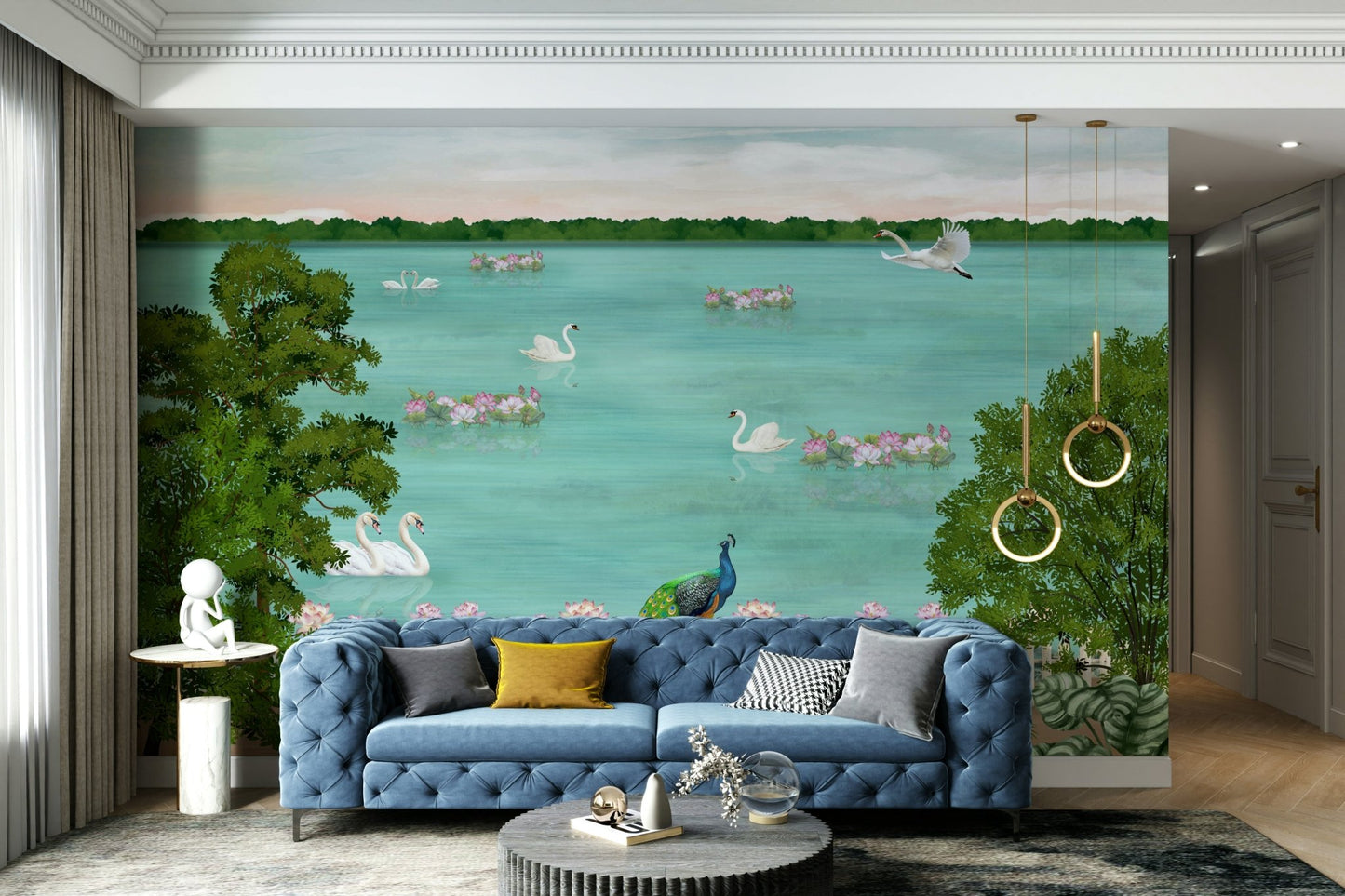 The mural is created for an entire wall, providing an immersive feel.
