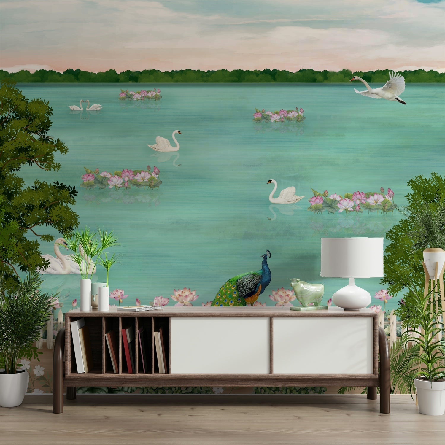 The background is a soft, misty forest with tall, slender trees.
