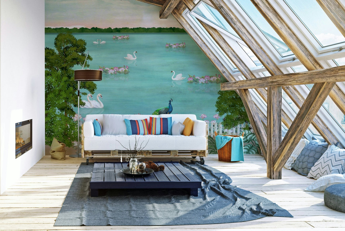 A full-wall mural showing a tranquil lake scene.
