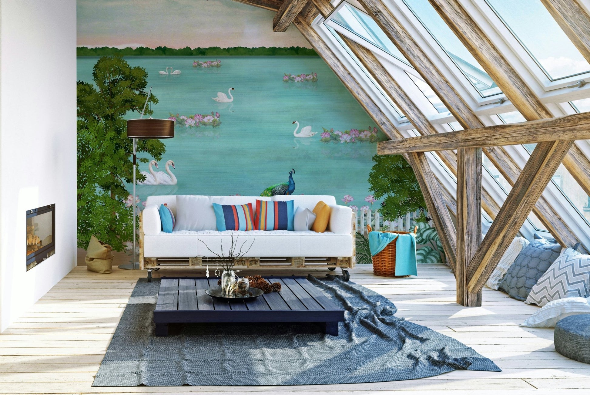 A full-wall mural showing a tranquil lake scene.

