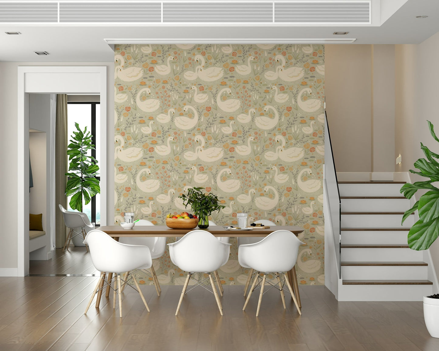 Elegant, illustrated white swans swimming among reeds in the beautiful Swan Lake Dreams Wallpaper mural design.