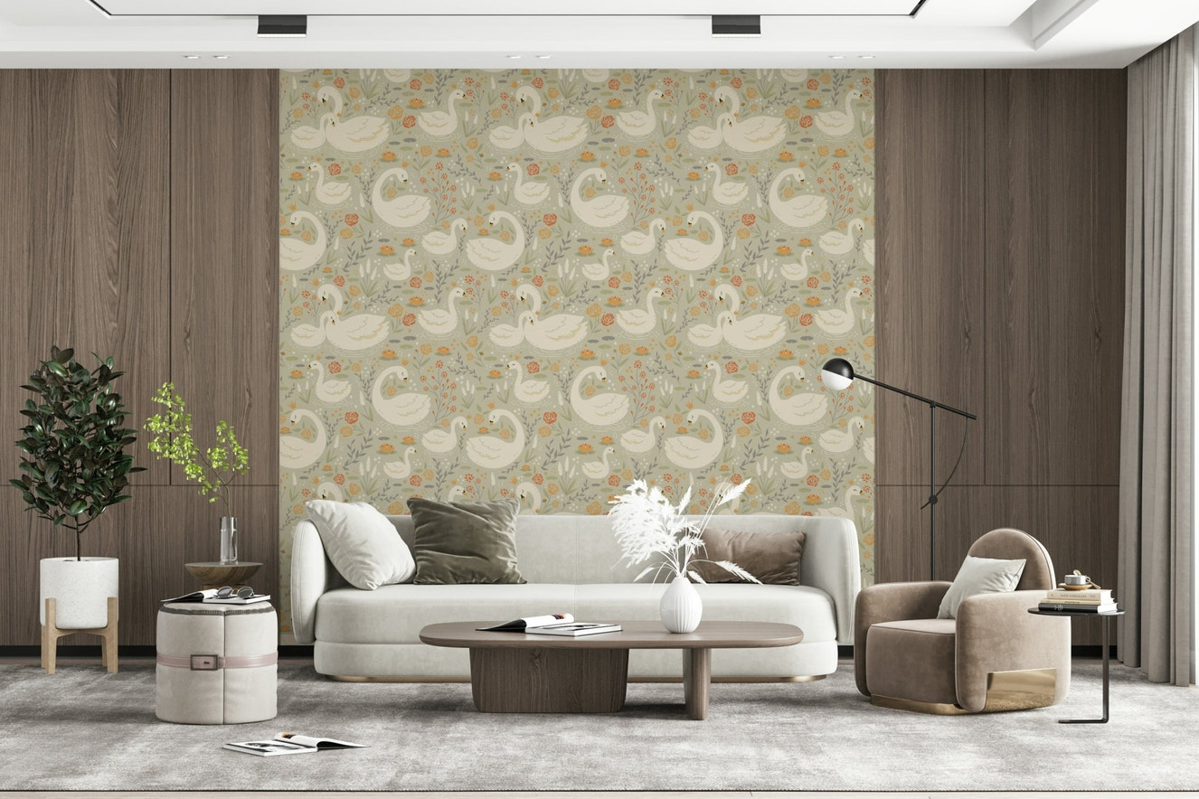 Whimsical pond scene repeat print, ideal for a nursery using the Swan Lake Dreams Wallpaper.