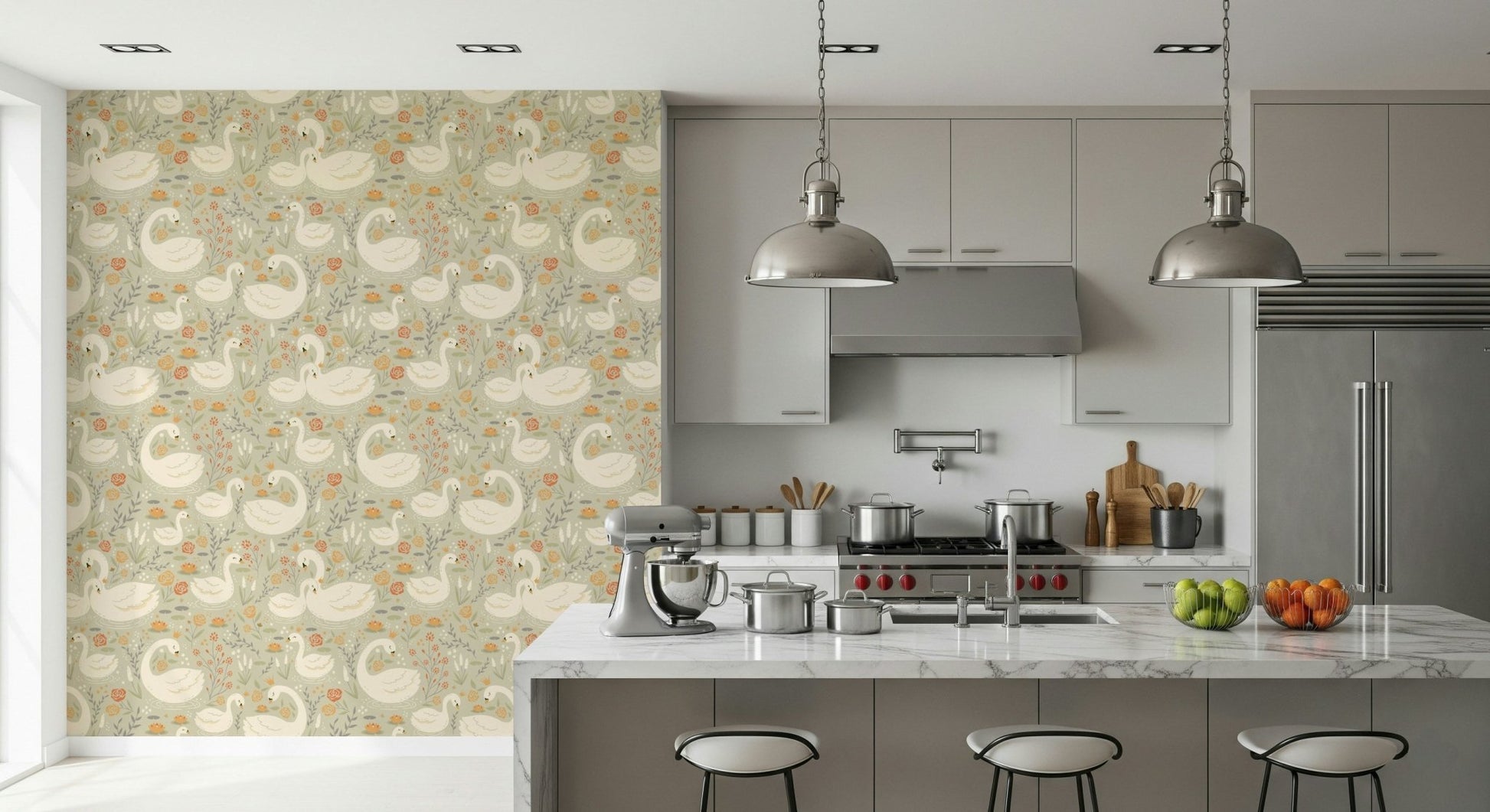 Decorative wallpaper for walls featuring the enchanting motif of the Swan Lake Dreams Wallpaper.