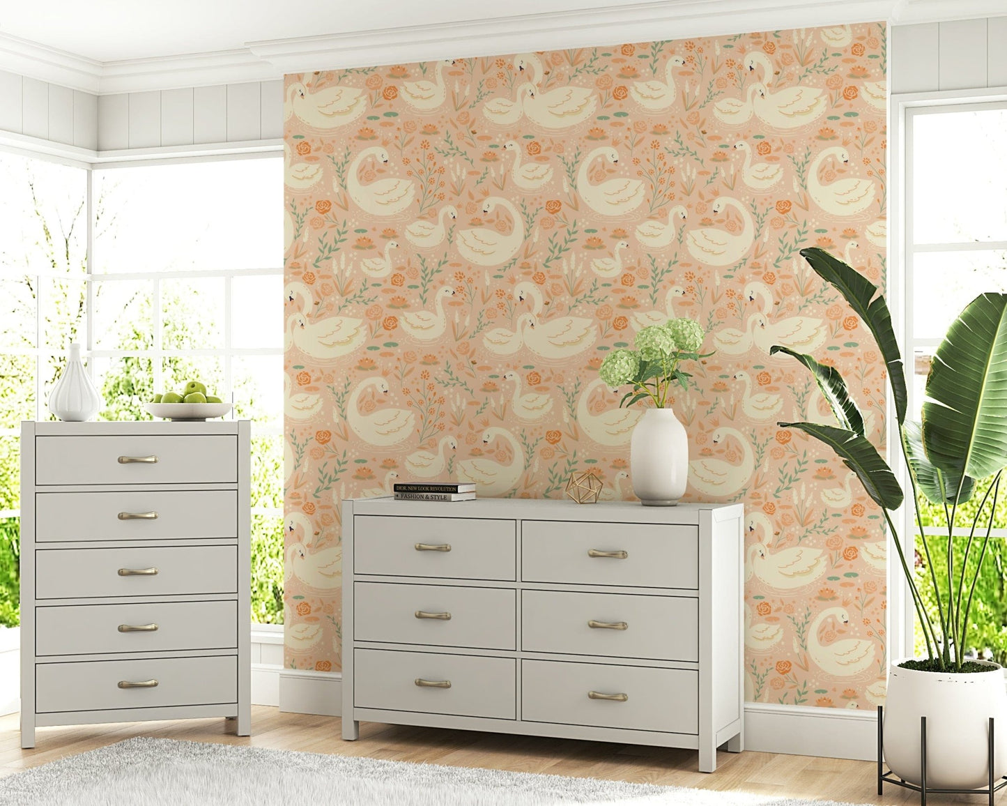 Graceful swans floating on Swan Lake Floral Dreams pattern.