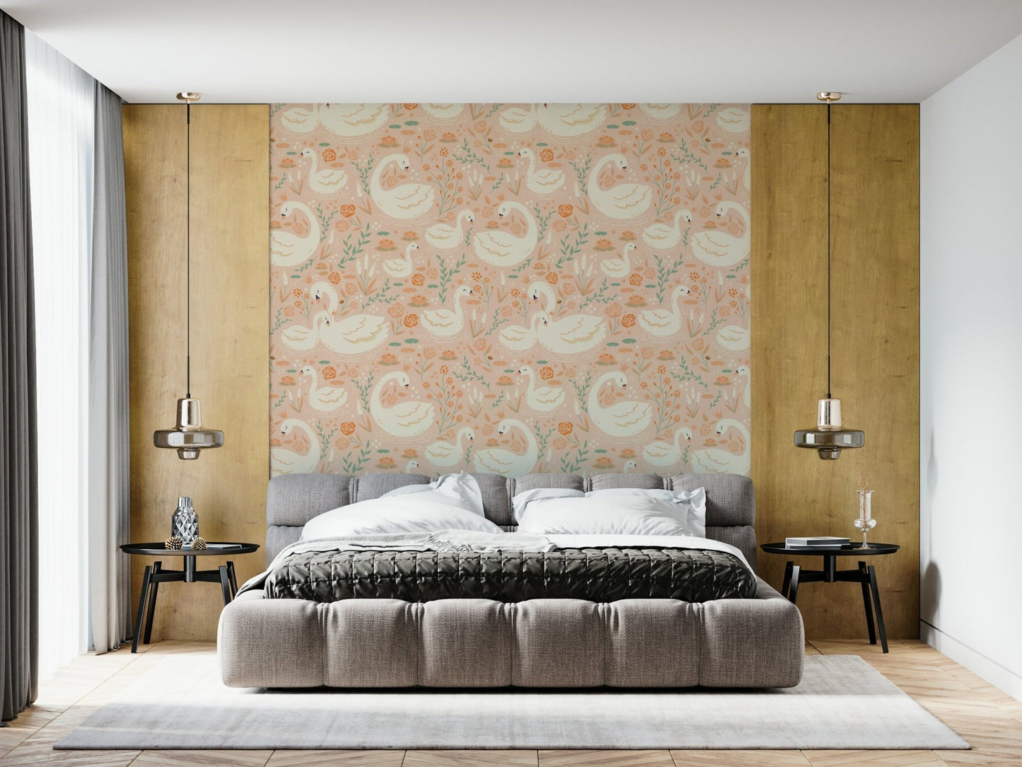 Ethereal pink and orange florals on Swan Lake Dreams Wallpaper.