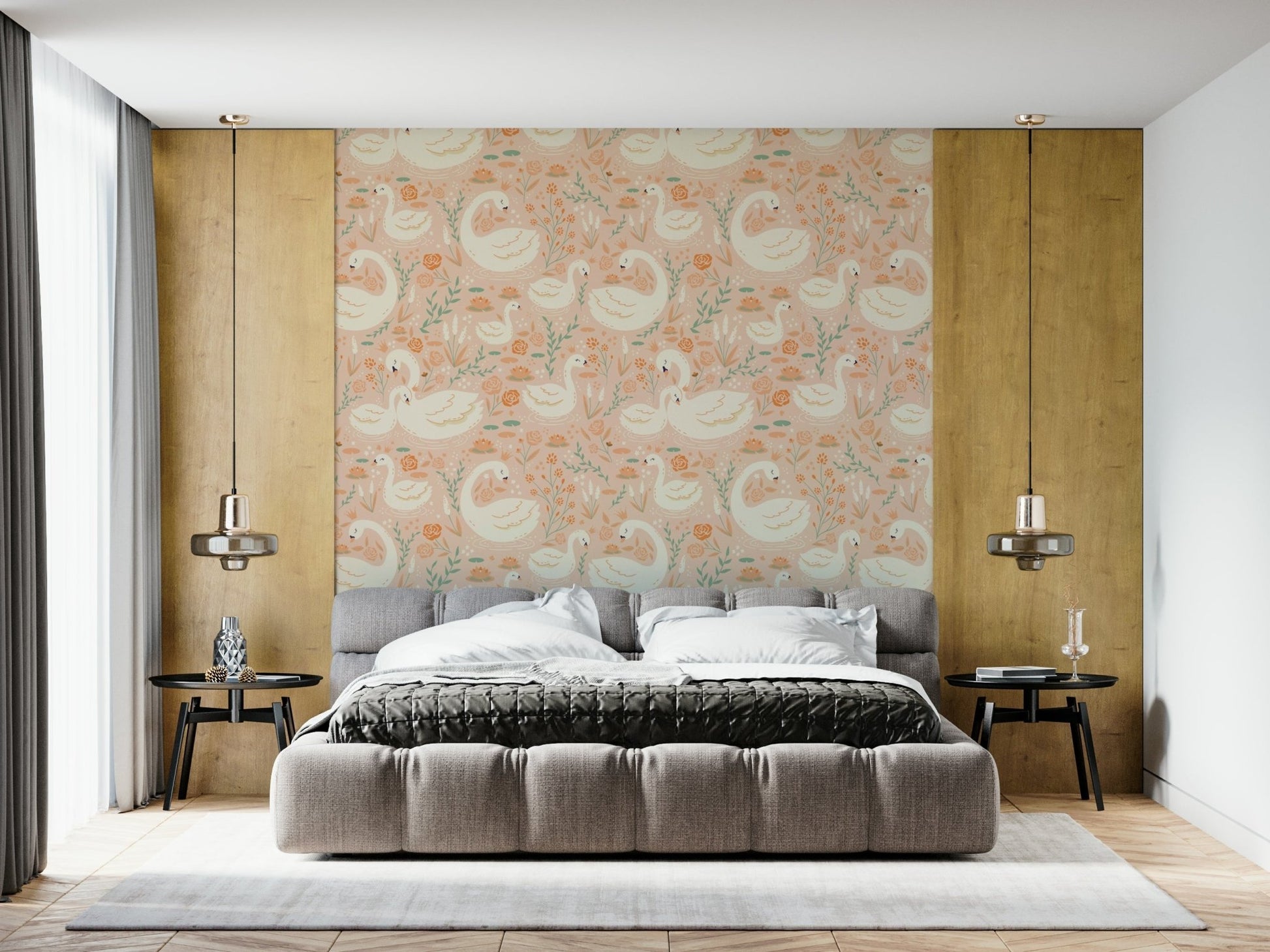 Ethereal pink and orange florals on Swan Lake Dreams Wallpaper.