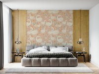 Ethereal pink and orange florals on Swan Lake Dreams Wallpaper.