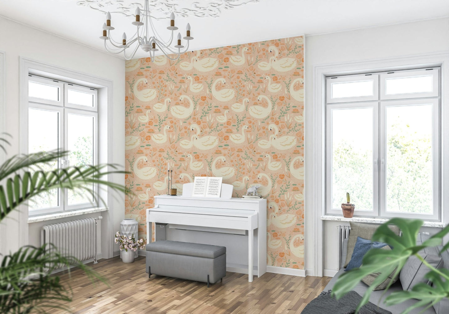 Swan Lake Floral Dreams Wallpaper, delicate blush pattern.