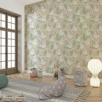 A wall mural of a peaceful swan lake scene.

