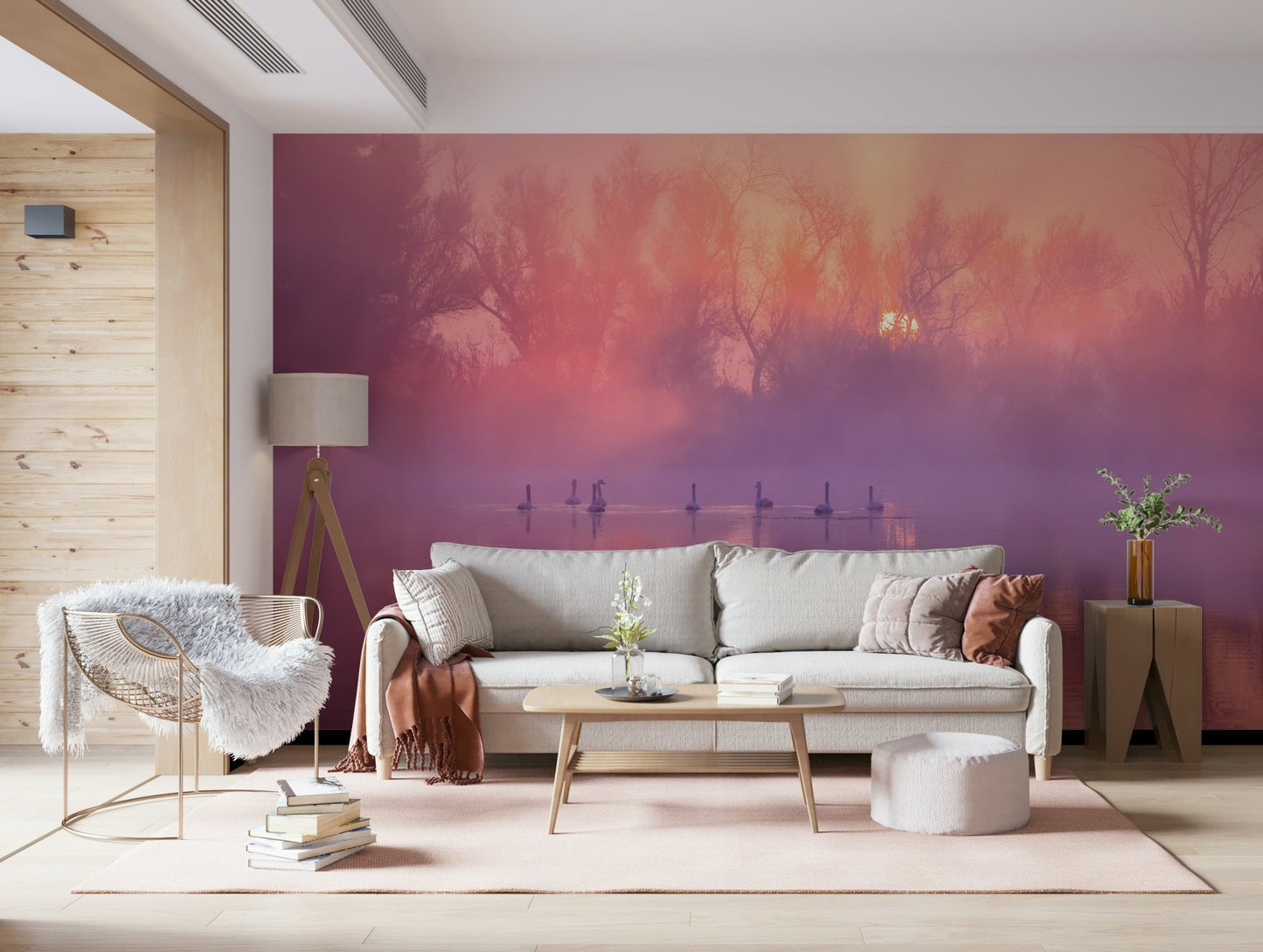 An artistic soft focus aviary mural on minimalist wallpaper.