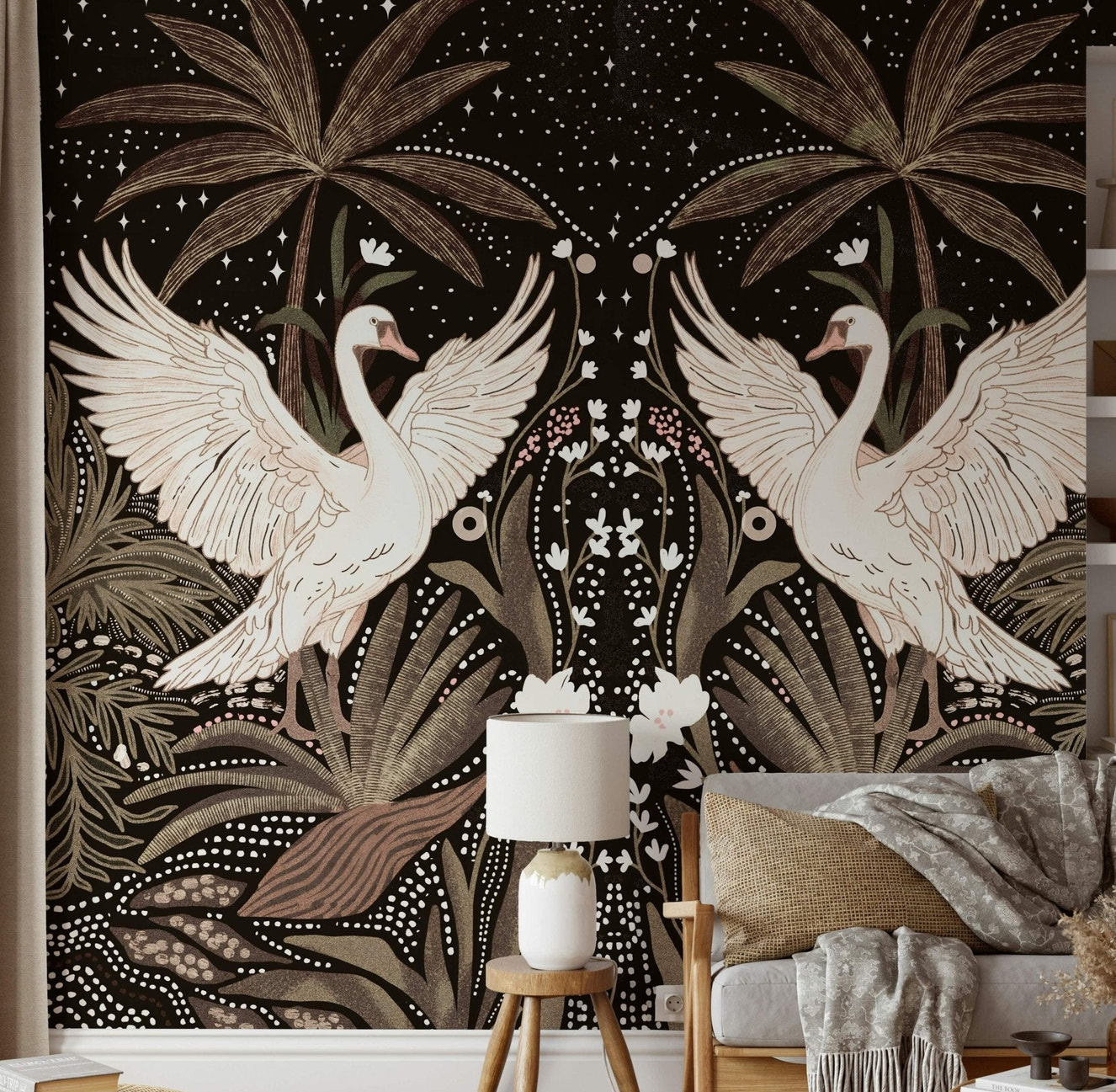 Wall covering, majestic swans, Swan Nightfall Serenity mural, vintage style.
