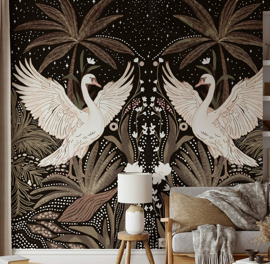 Wall covering, majestic swans, Swan Nightfall Serenity mural, vintage style., GD7046