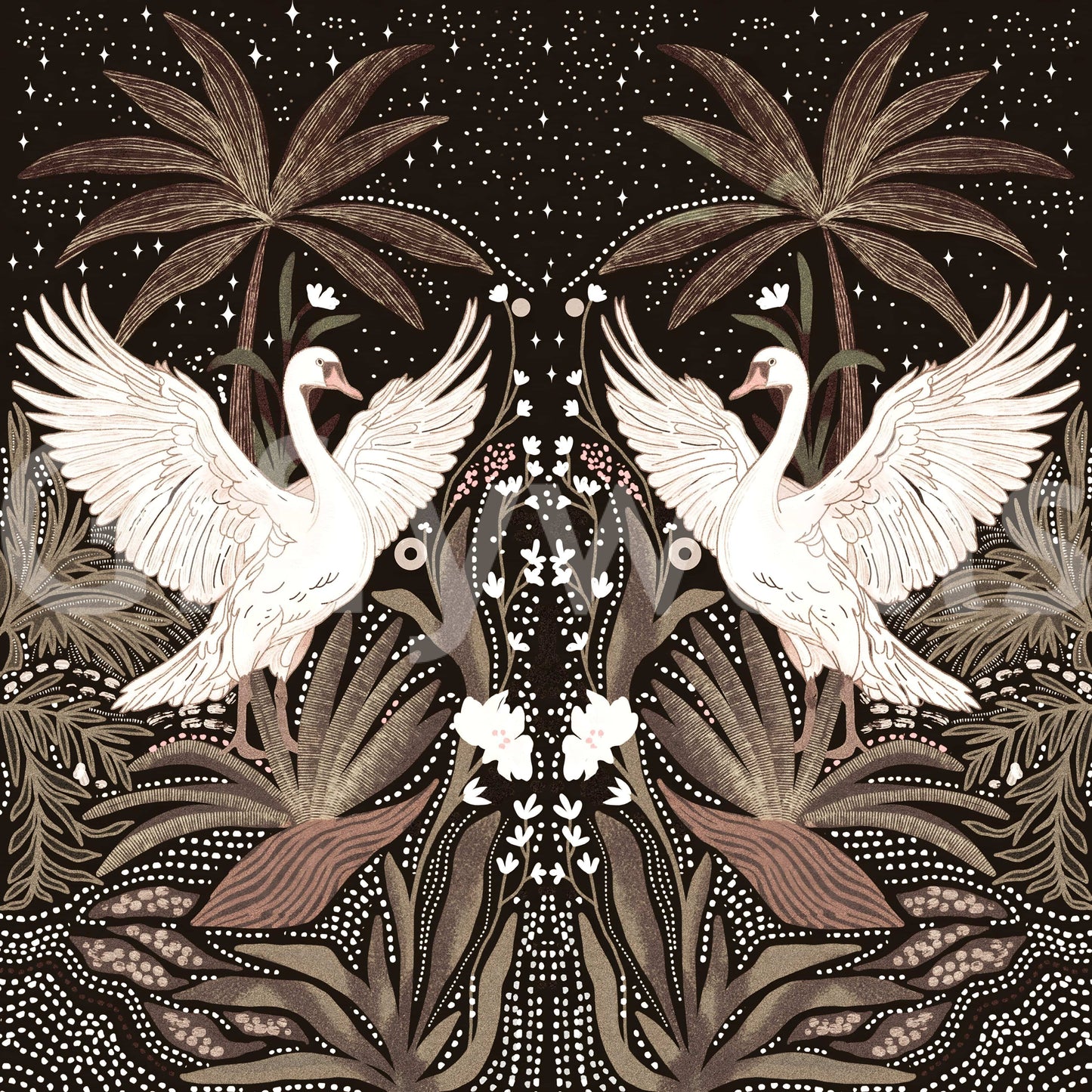 Peel and stick Swan Nightfall Serenity mural, botanical detail, fabulous room accent.