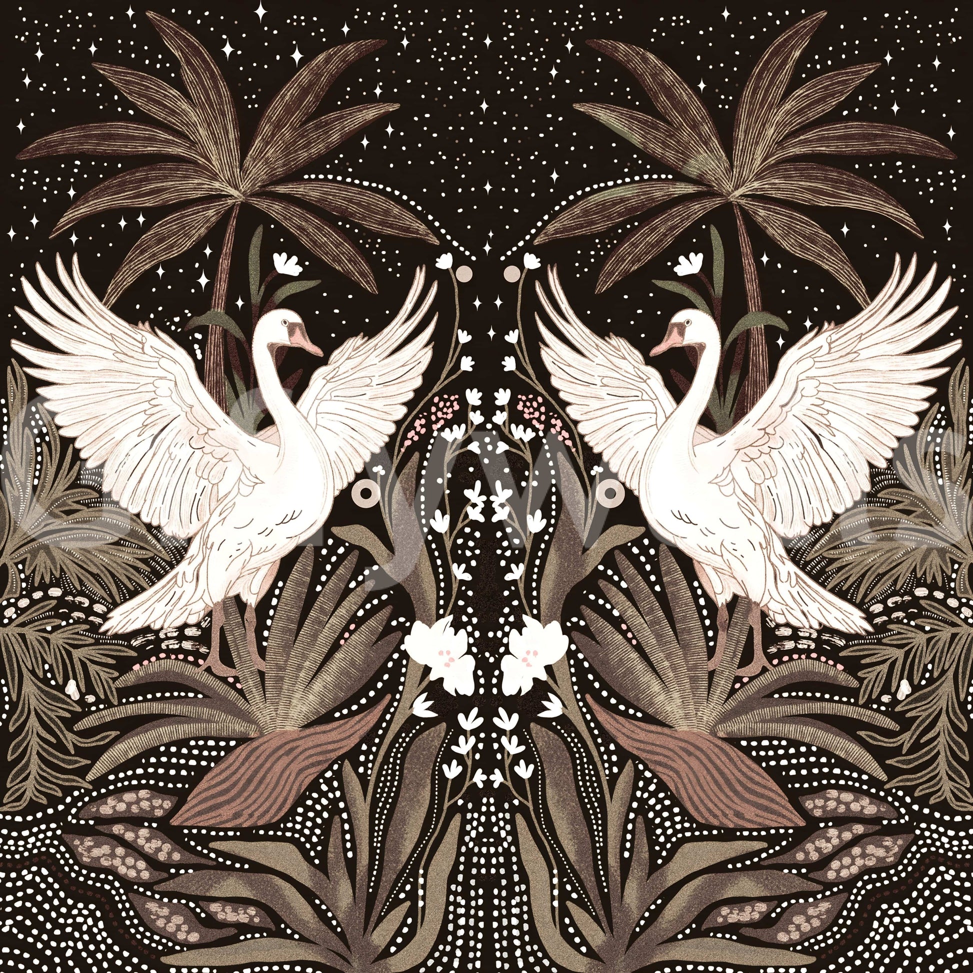 Peel and stick Swan Nightfall Serenity mural, botanical detail, fabulous room accent.