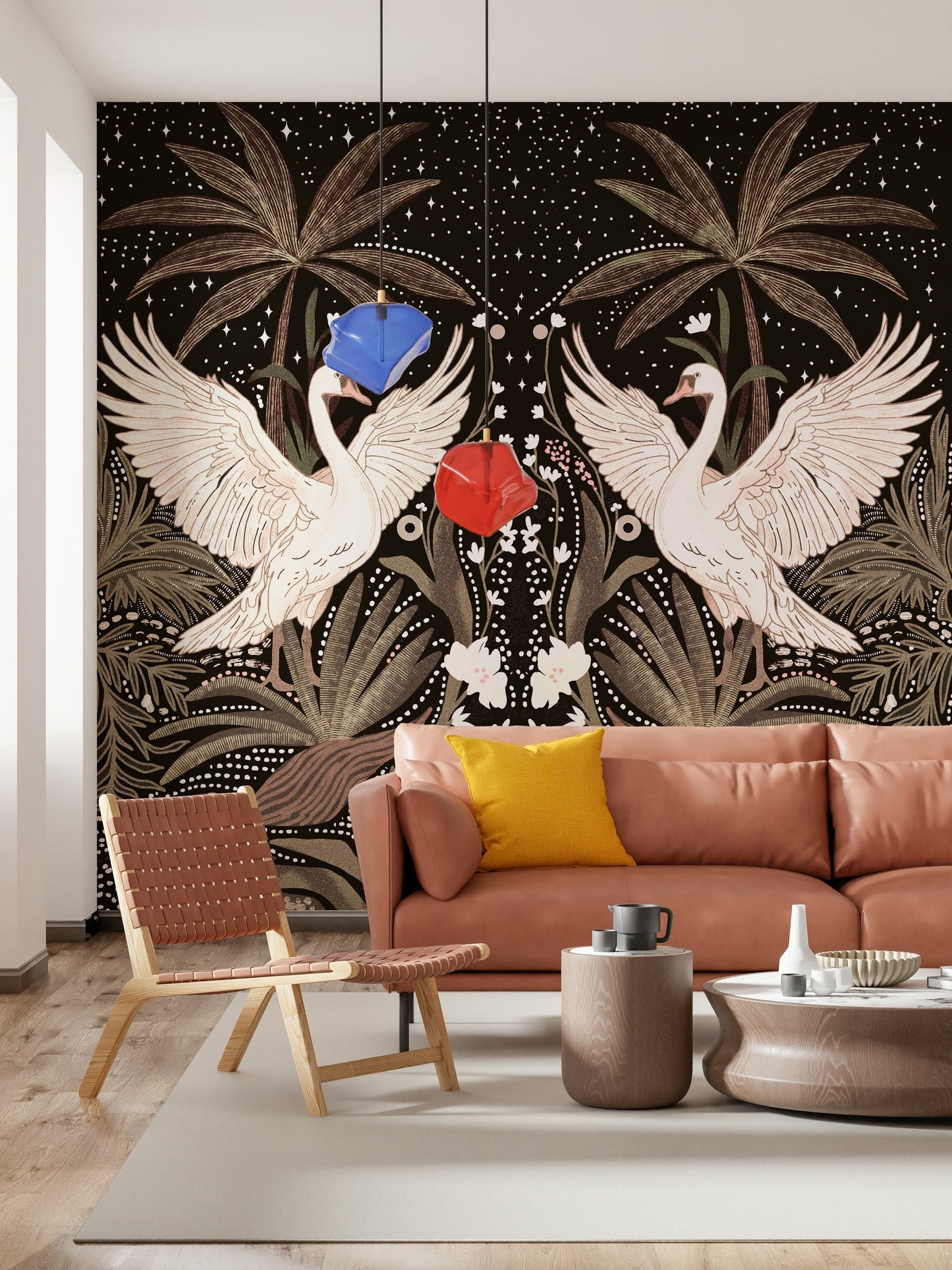 Dark background, white swans, Swan Nightfall Serenity wall design, luxurious feel.