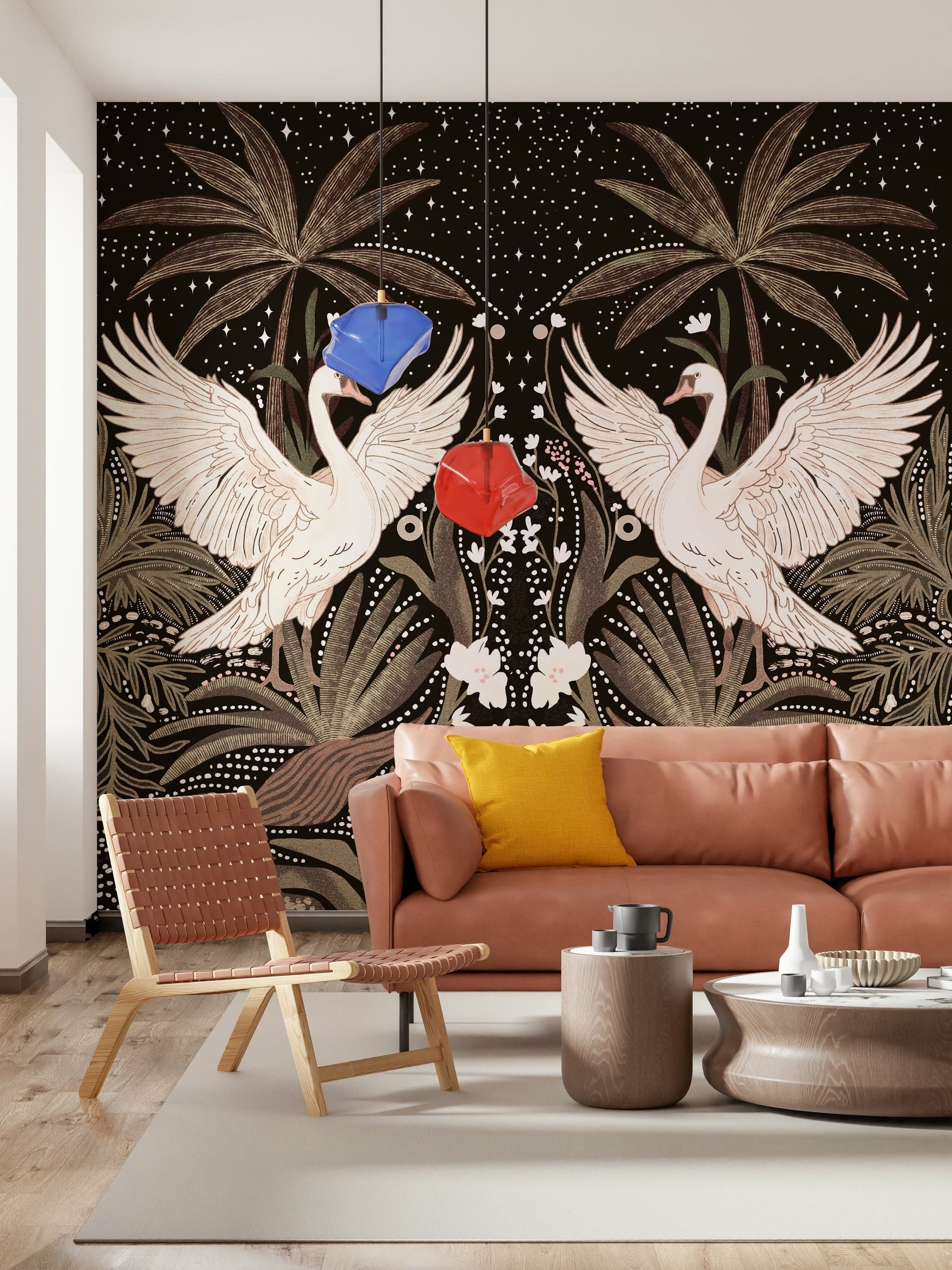 Dark background, white swans, Swan Nightfall Serenity wall design, luxurious feel.