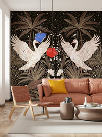 Dark background, white swans, Swan Nightfall Serenity wall design, luxurious feel.