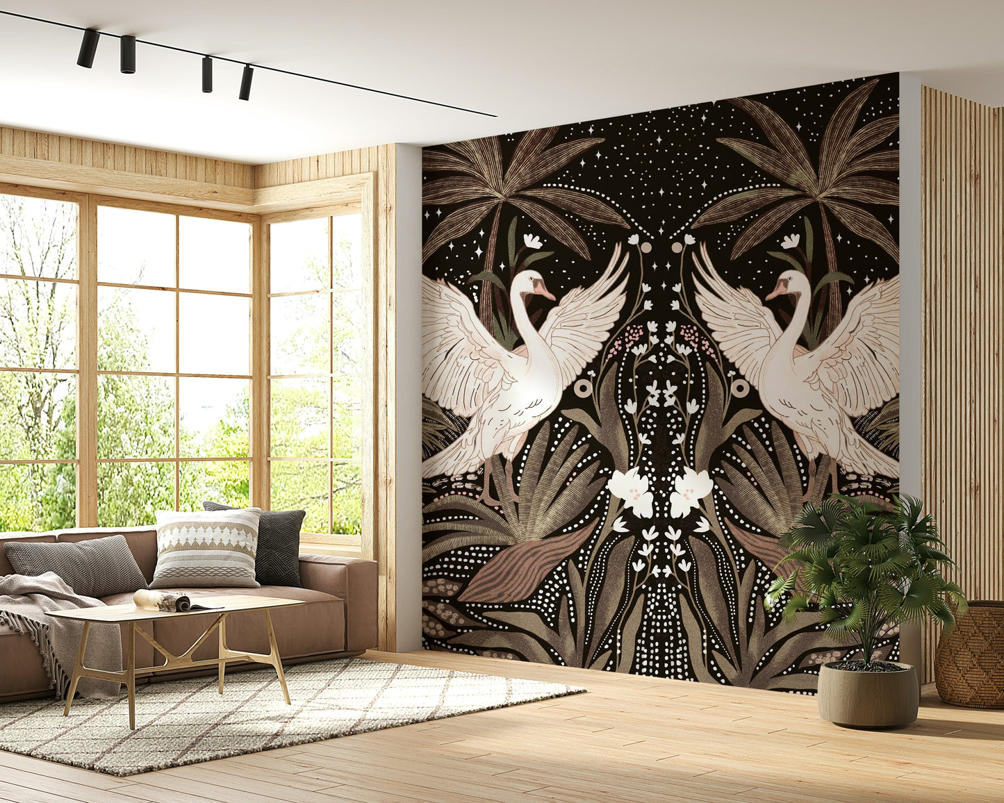 Nature inspired Swan Nightfall Serenity wallpaper for walls, captivating illustration.