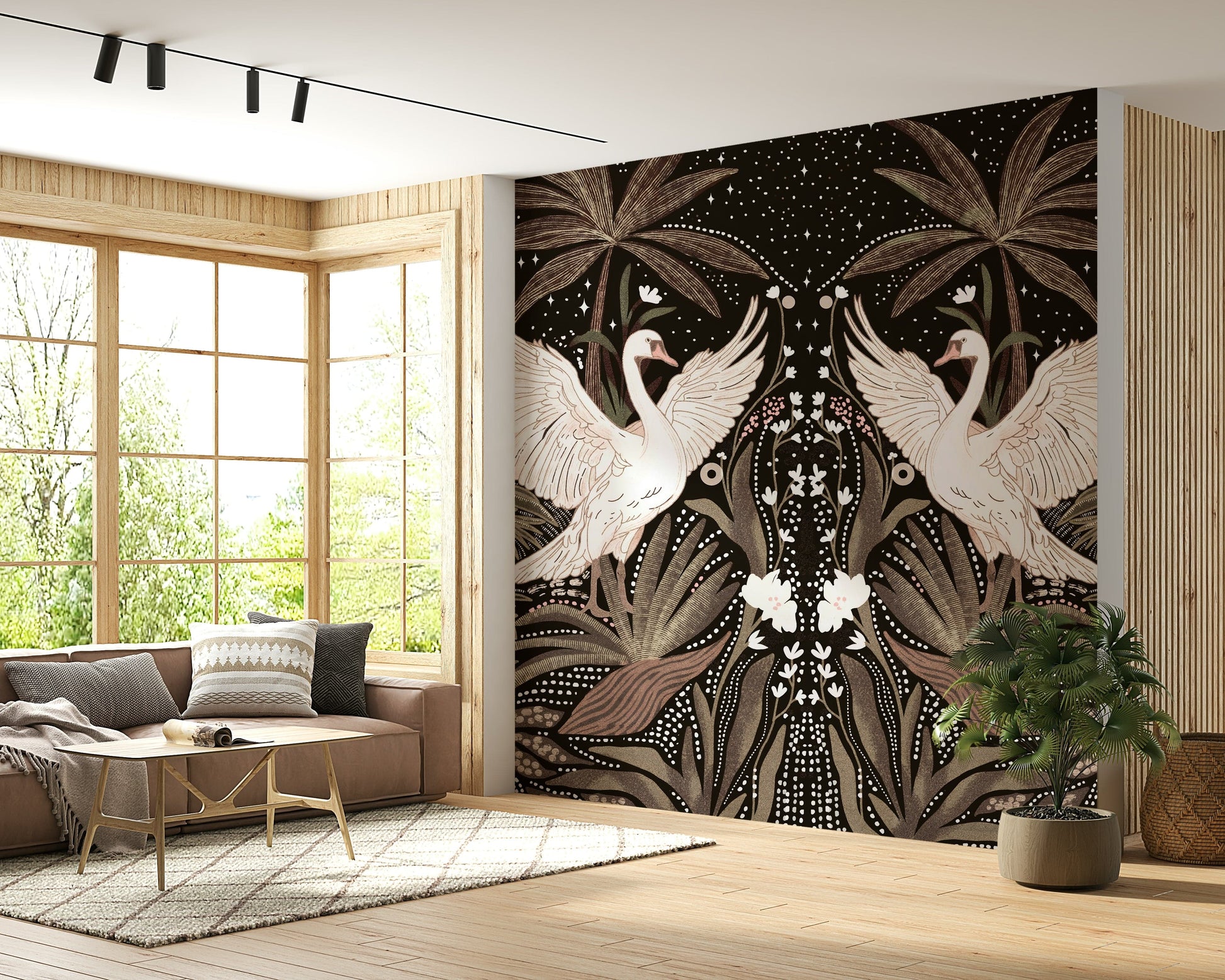 Nature inspired Swan Nightfall Serenity wallpaper for walls, captivating illustration.