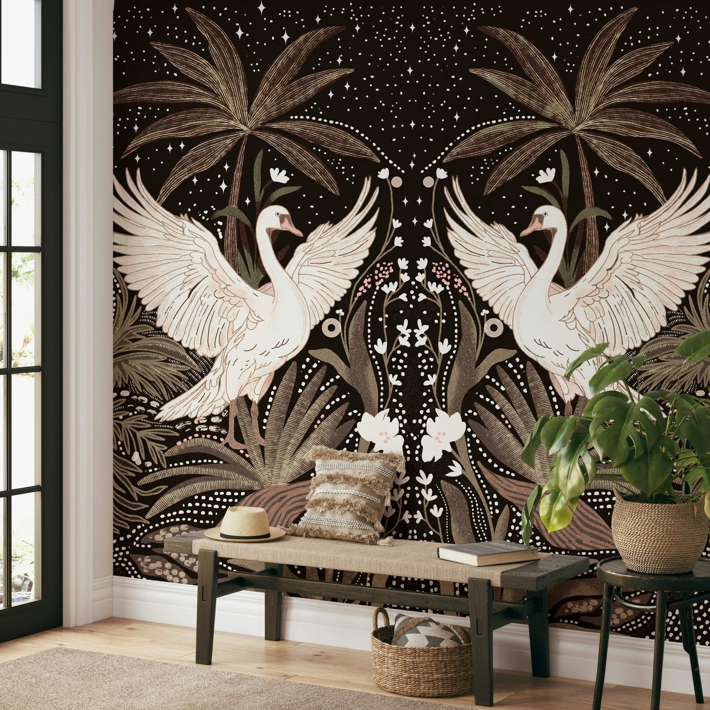 Gorgeous night sky, elegant symmetry, Swan Nightfall Serenity wall mural, dramatic effect.