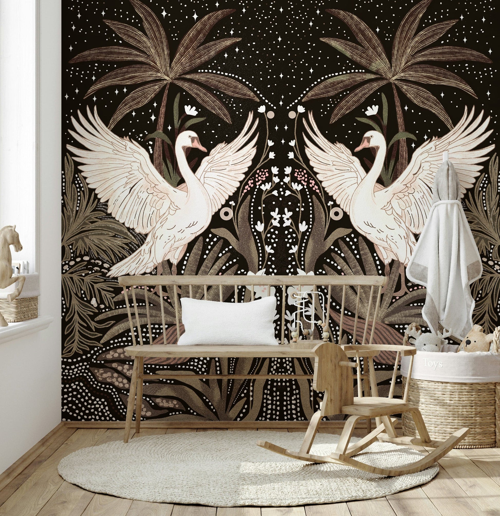 Nocturnal scene, beautiful artistry, Swan Nightfall Serenity wallpaper, decorative piece.